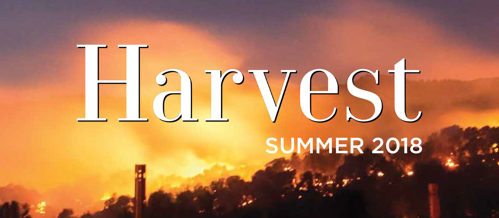 Harvest Newsletter Summer 2018 cover image with wildfires in background