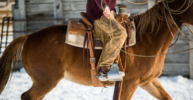 Rancher on horseback with also in snow