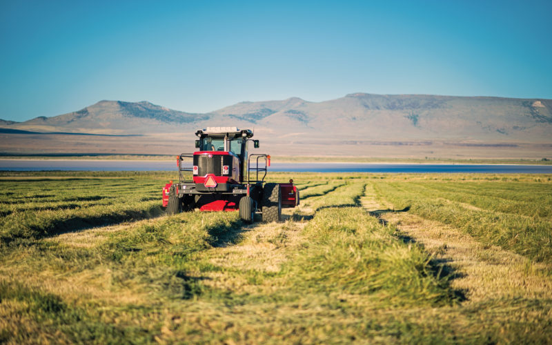 harvesting farm equipment in alfalfa field