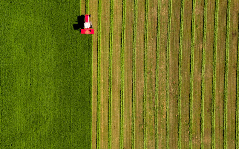 Overhead view of red tractor harvesting alfalfa field, farm tractor leasing