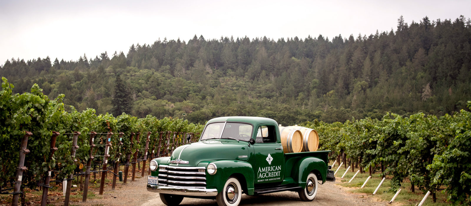 American AgCredit truck with wine barrels in vineyard