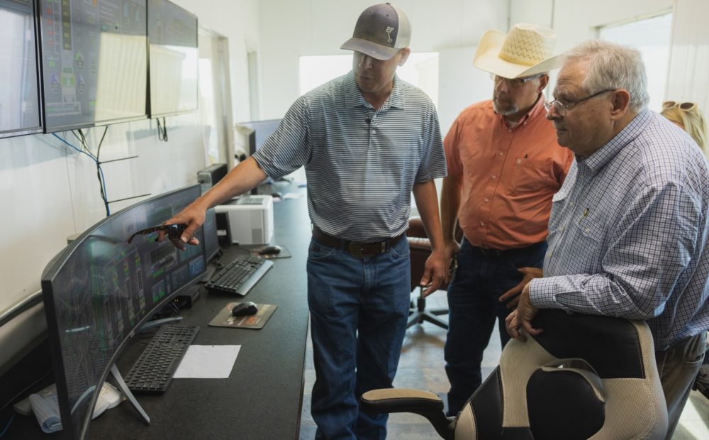 Manager reviewing digital reports on computer at Poky Feeders