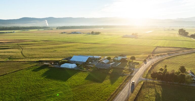 Farmstead surrounded by pasture